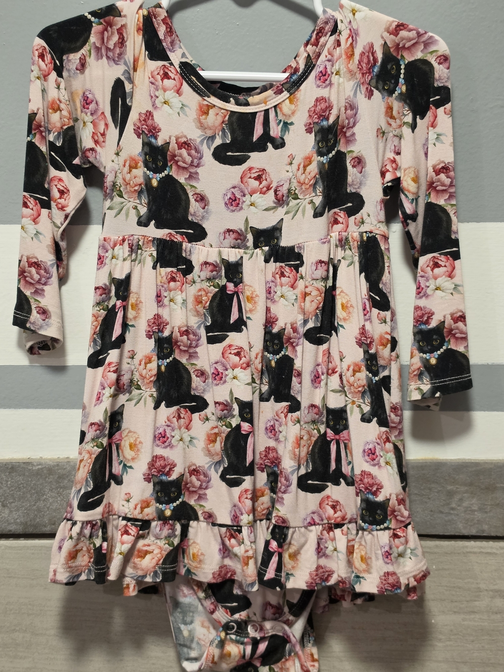 Girls' Pink Floral & Black Cat Ruffle Dress